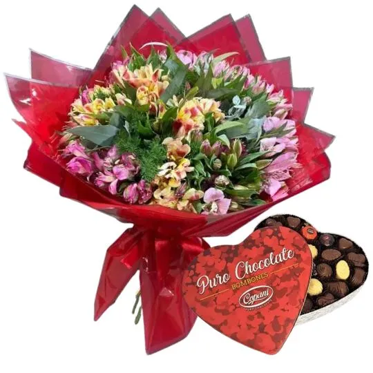 Ramo de flores astromelias con bombones lata corazon 